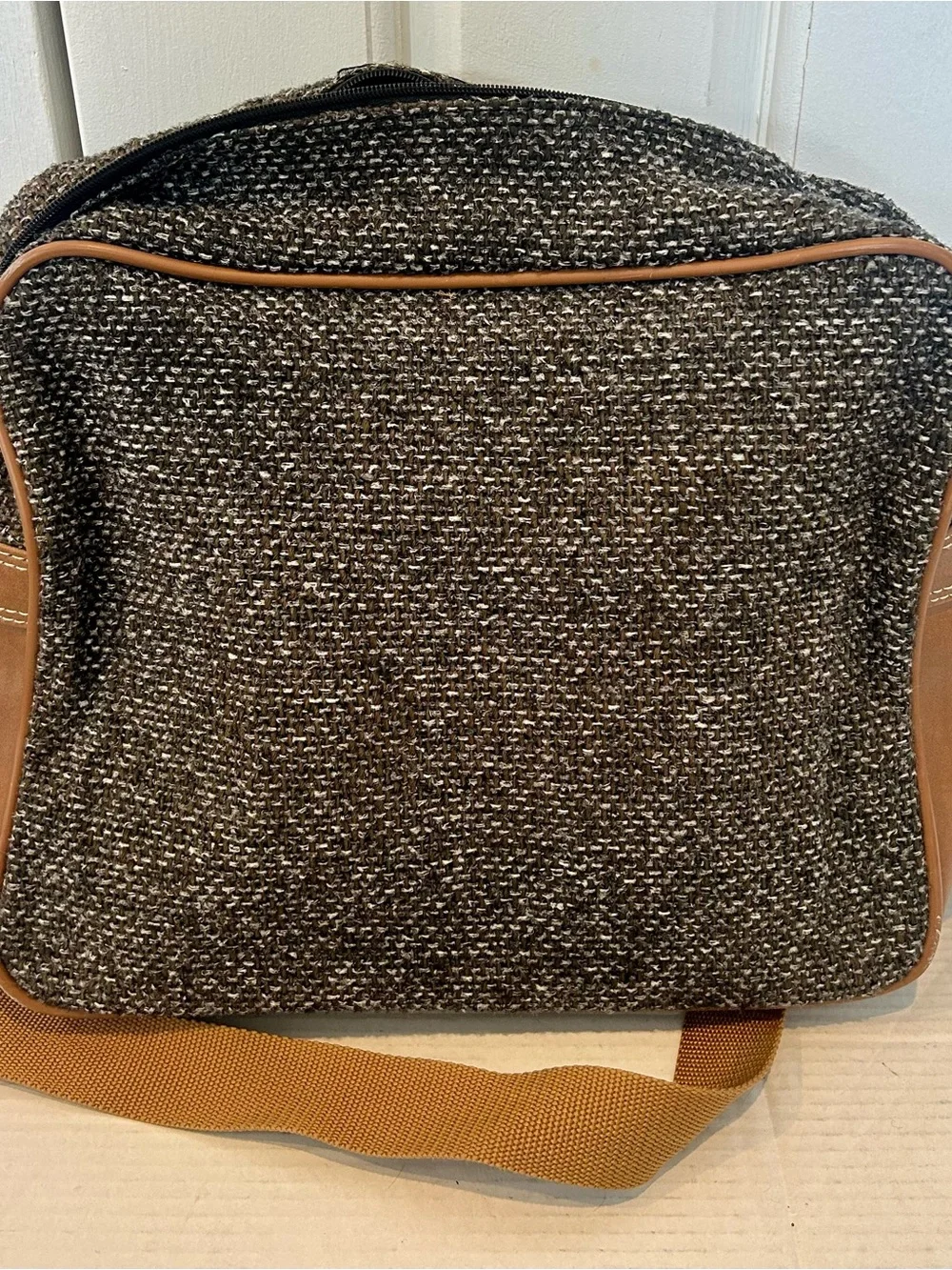 Oscar de la Renta Black Tweed Messenger Bag with Tan Trim and Red Accent